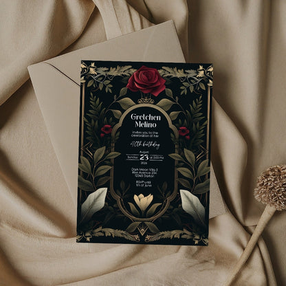 Luxurious Gothic Baroque Birthday Invitation - Elegant Dark Floral Design with Red Roses