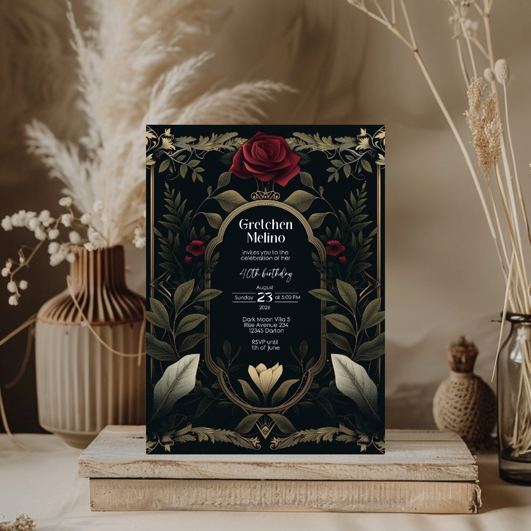 Luxurious Gothic Baroque Birthday Invitation - Elegant Dark Floral Design with Red Roses