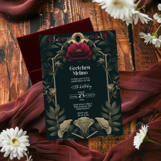 Dark Vintage Gothic Botanical Birthday Invitation