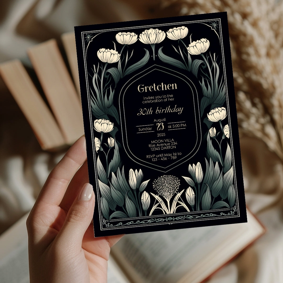 Dark Green Art Deco Floral Birthday Invitation