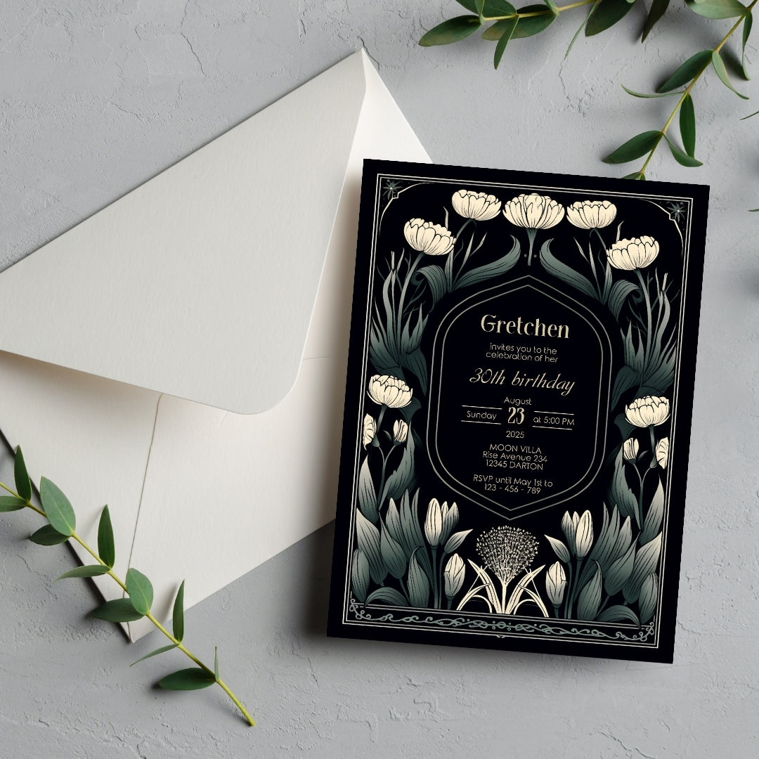 Dark Green Art Deco Floral Birthday Invitation