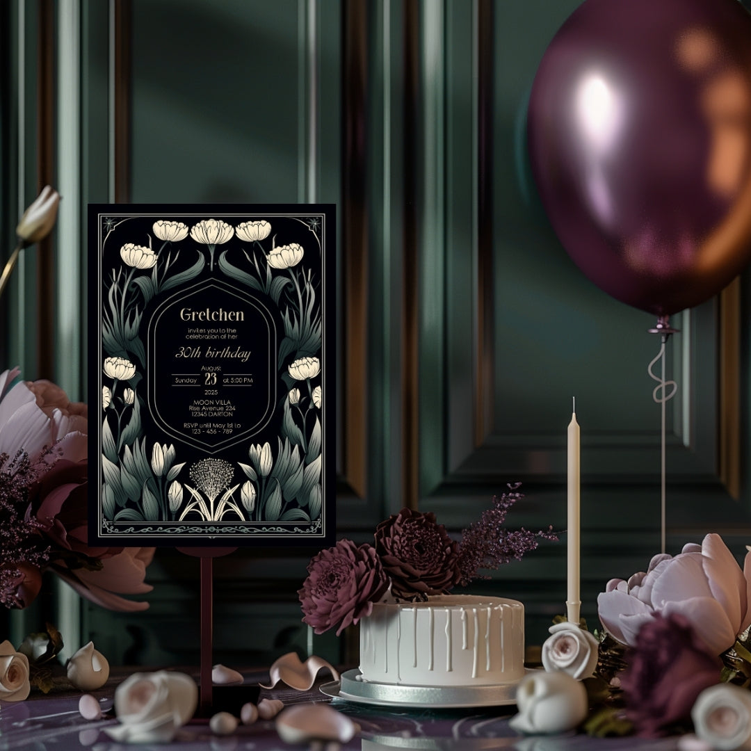 Dark Green Art Deco Floral Birthday Invitation