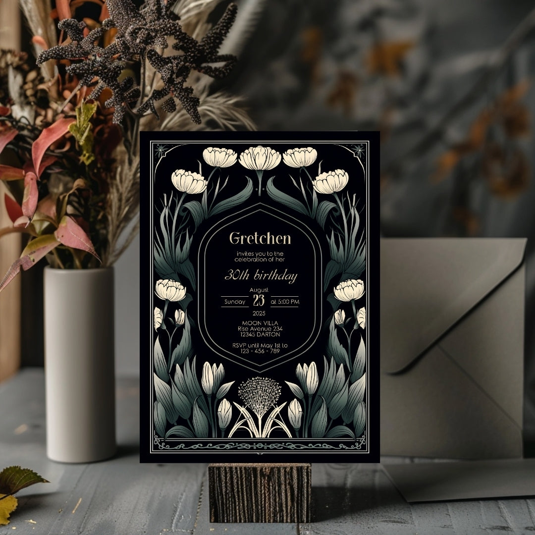 Dark Green Art Deco Floral Birthday Invitation