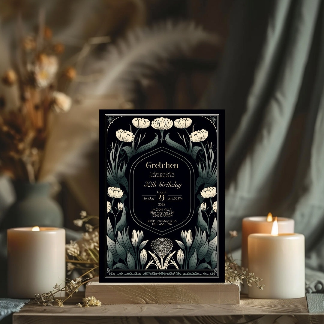 Dark Green Art Deco Floral Birthday Invitation