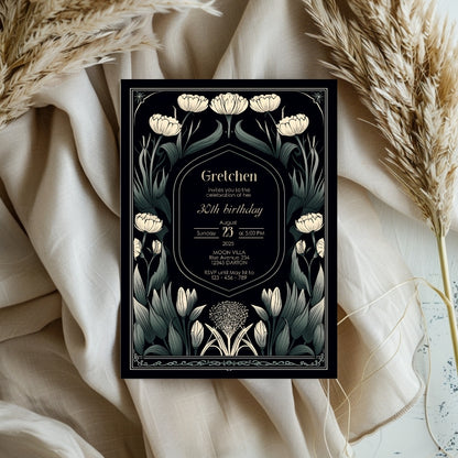 Dark Green Art Deco Floral Birthday Invitation