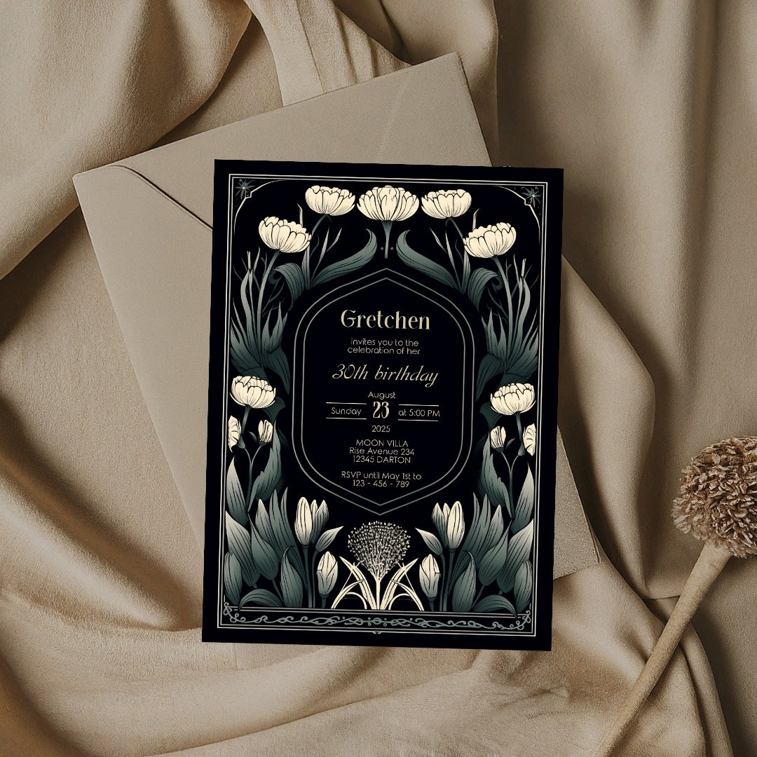 Dark Green Art Deco Floral Birthday Invitation