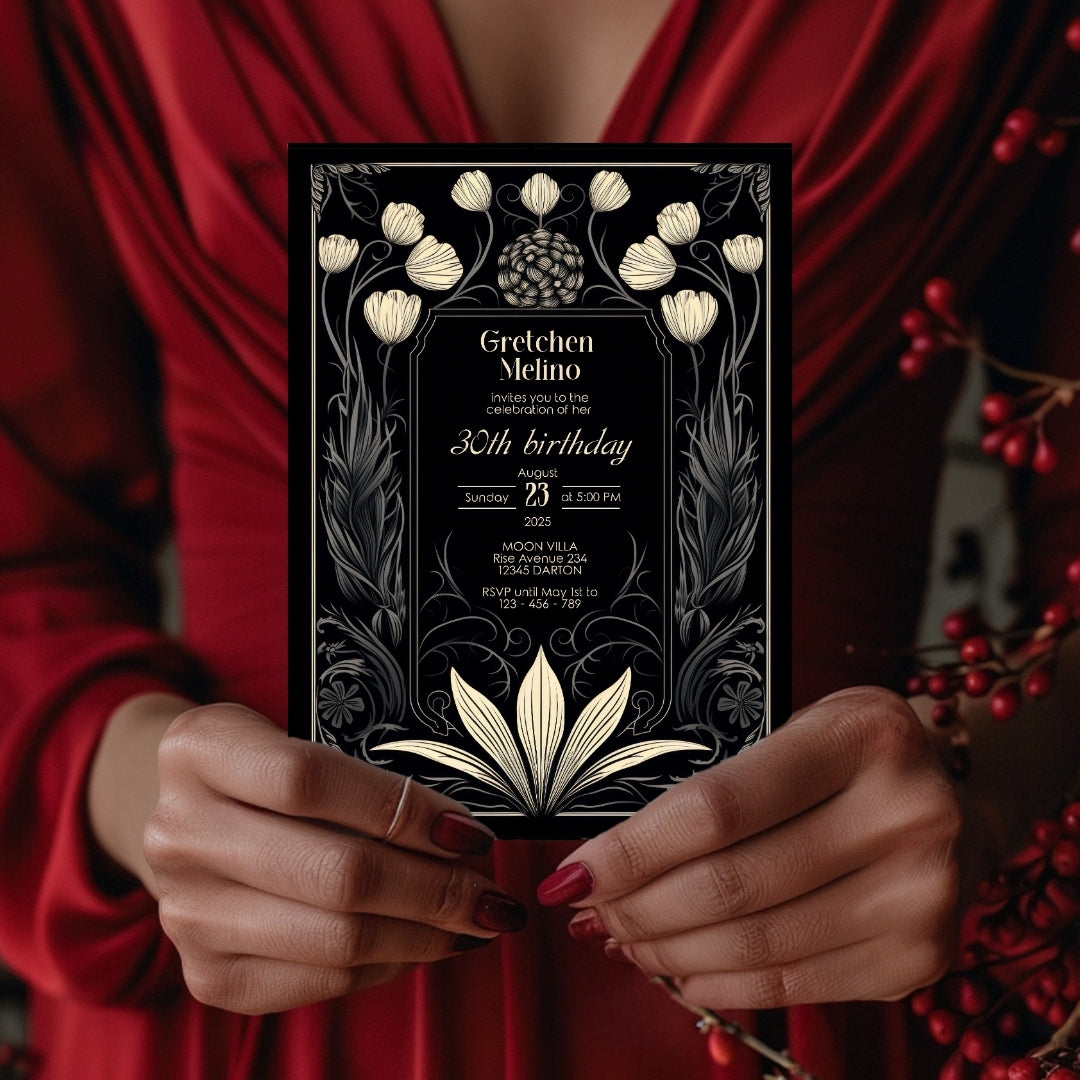 Dark Floral Moon Gothic Birthday Invitation