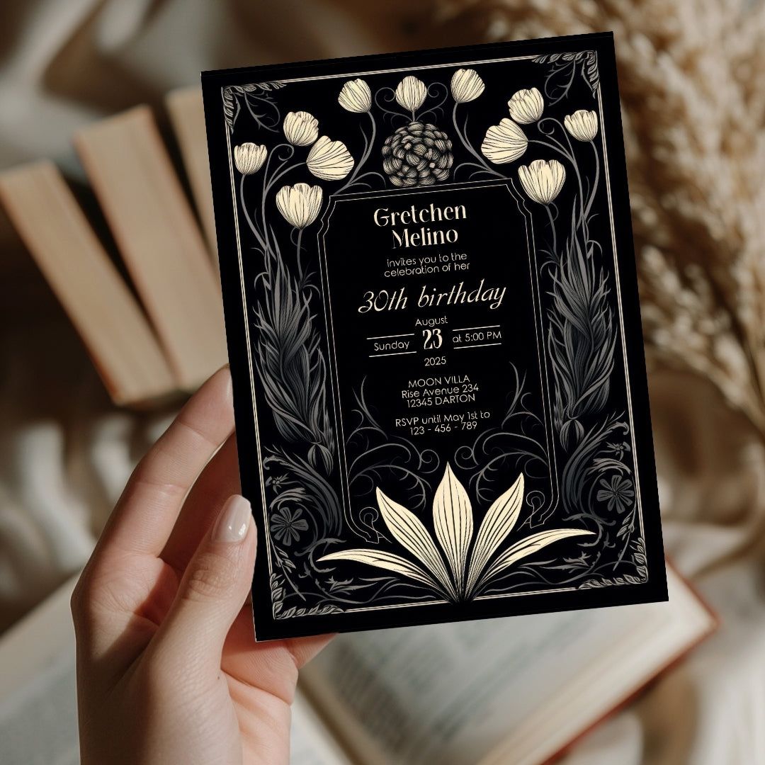 Dark Floral Moon Gothic Birthday Invitation