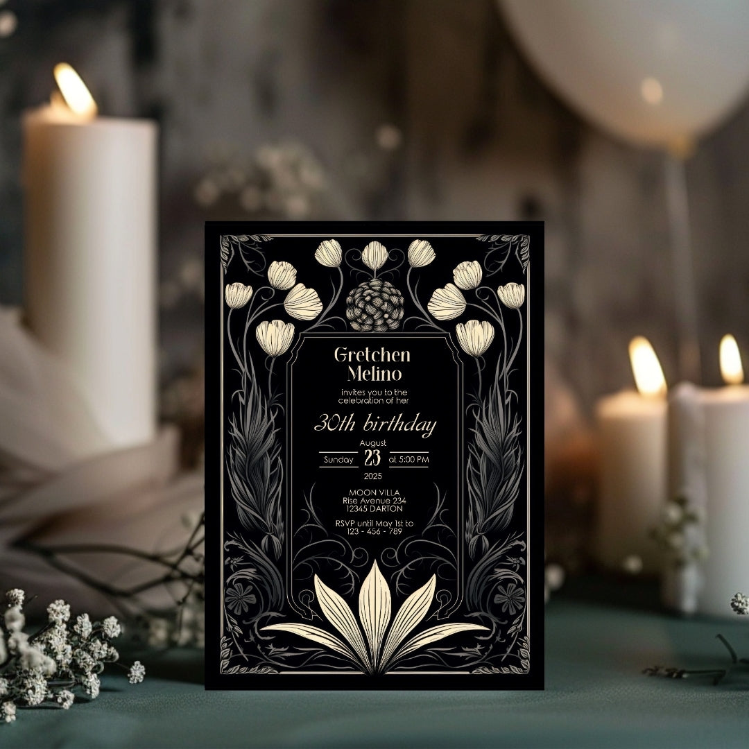 Dark Floral Moon Gothic Birthday Invitation