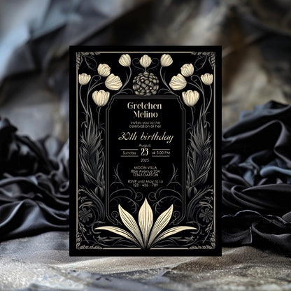 Dark Floral Moon Gothic Birthday Invitation