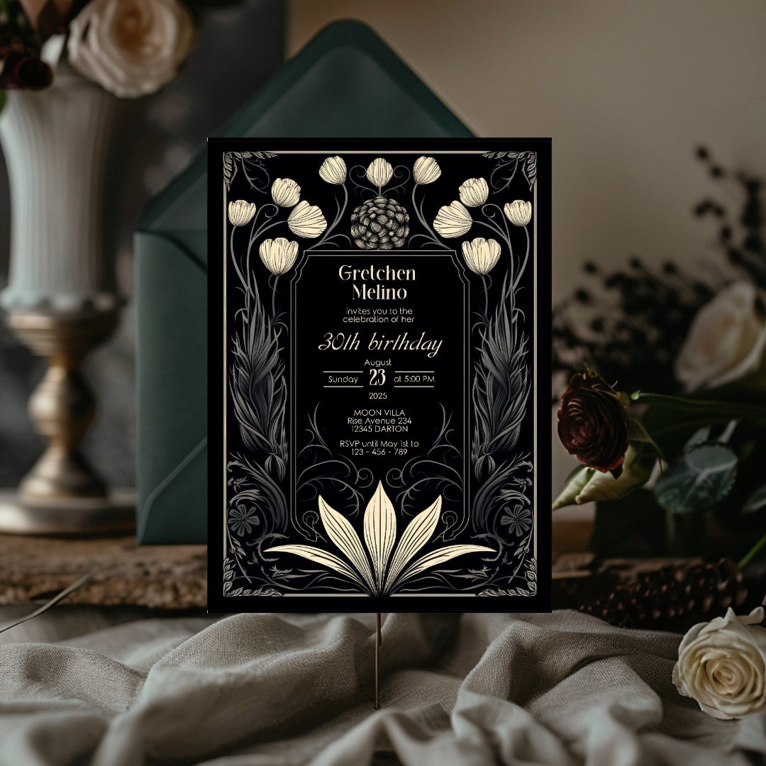 Dark Floral Moon Gothic Birthday Invitation