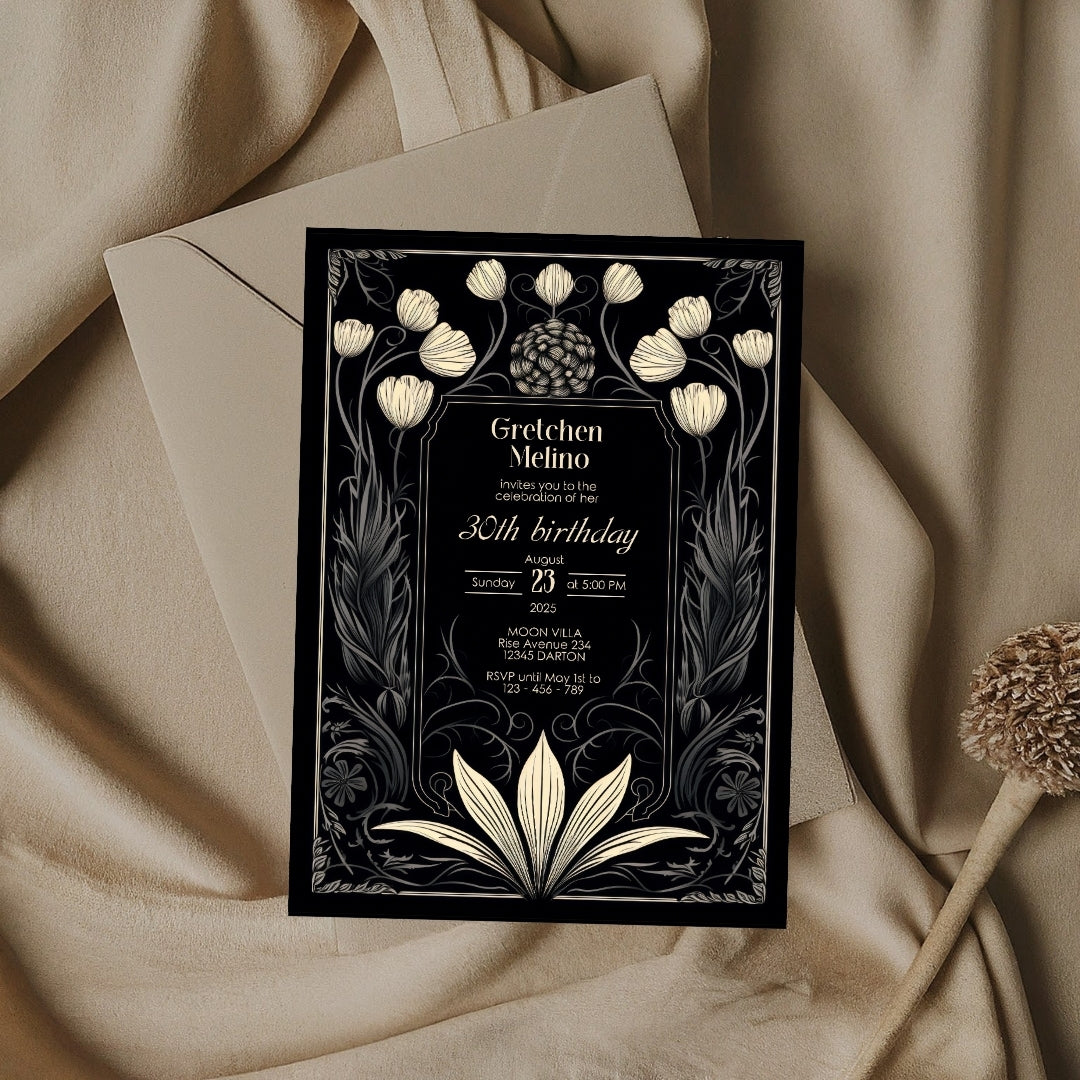 Dark Floral Moon Gothic Birthday Invitation