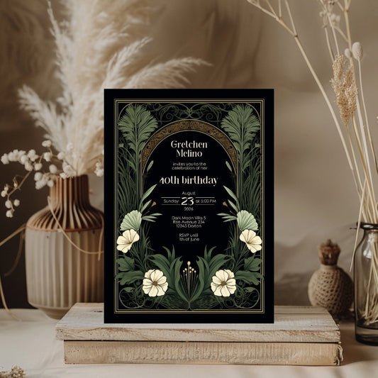 Elegant Gothic Art Nouveau Birthday Invitation - Dark Floral Design with Gold Accents