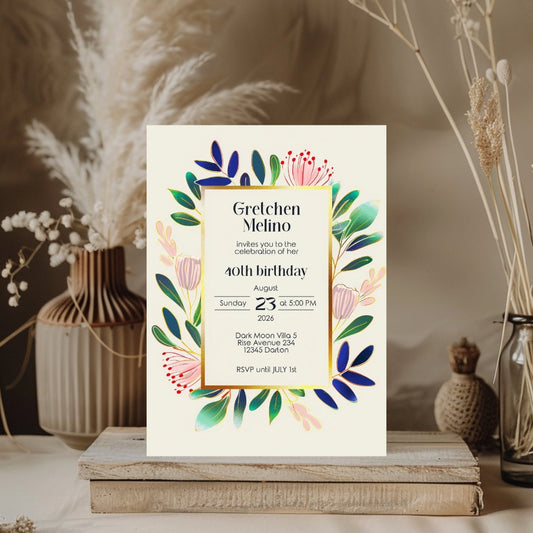 Elegant Modern Minimalist Birthday Invitation - Vibrant Floral Design on Cream Background