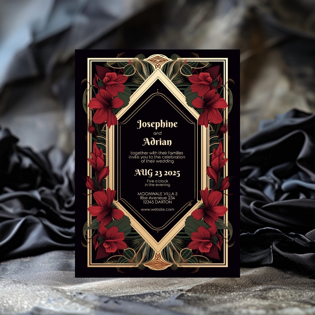 Red Floral Gold Vintage Frame Wedding Invitation