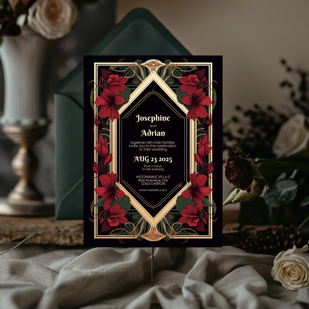 Red Floral Gold Vintage Frame Wedding Invitation