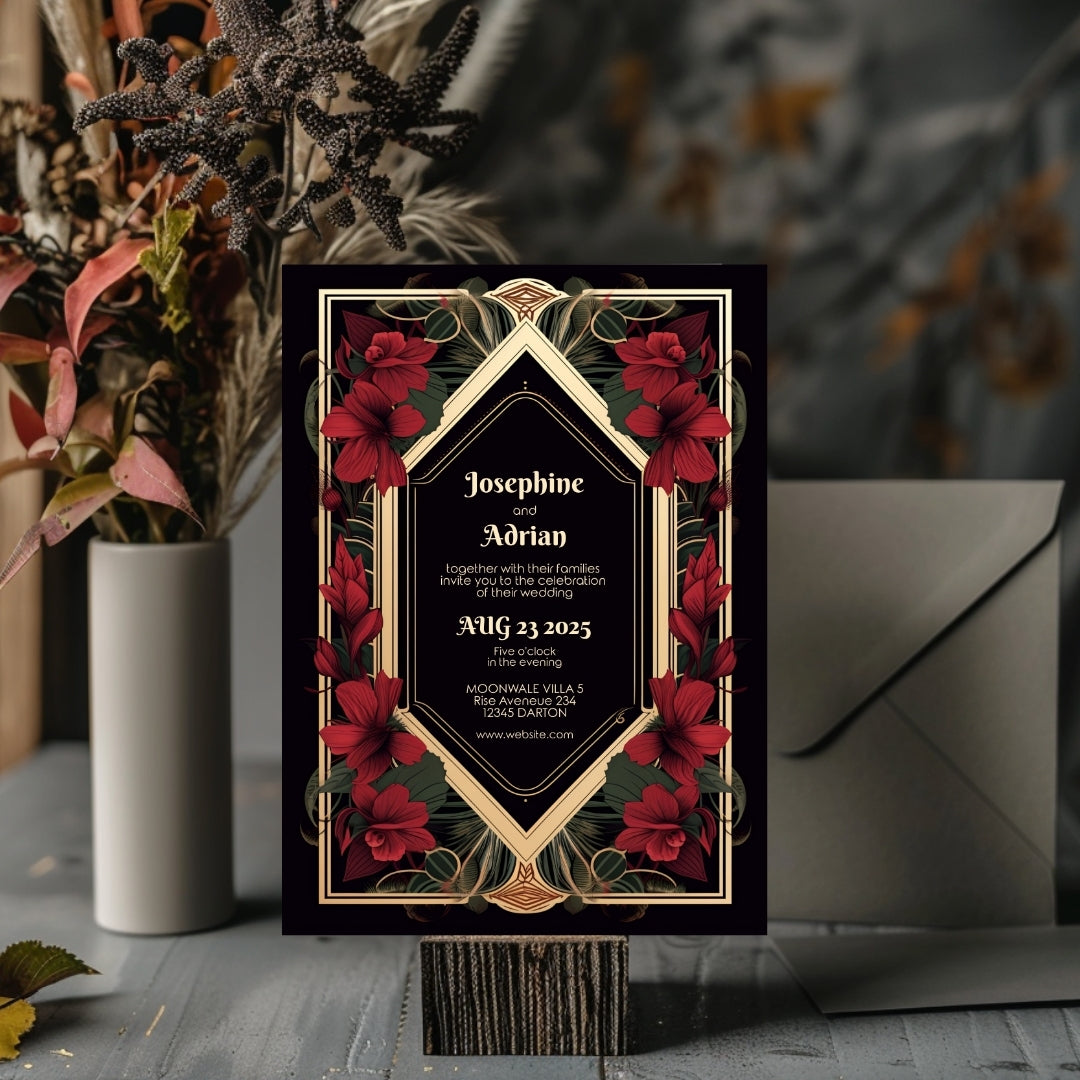 Red Floral Gold Vintage Frame Wedding Invitation