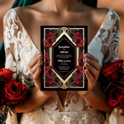 Red Floral Gold Vintage Frame Wedding Invitation