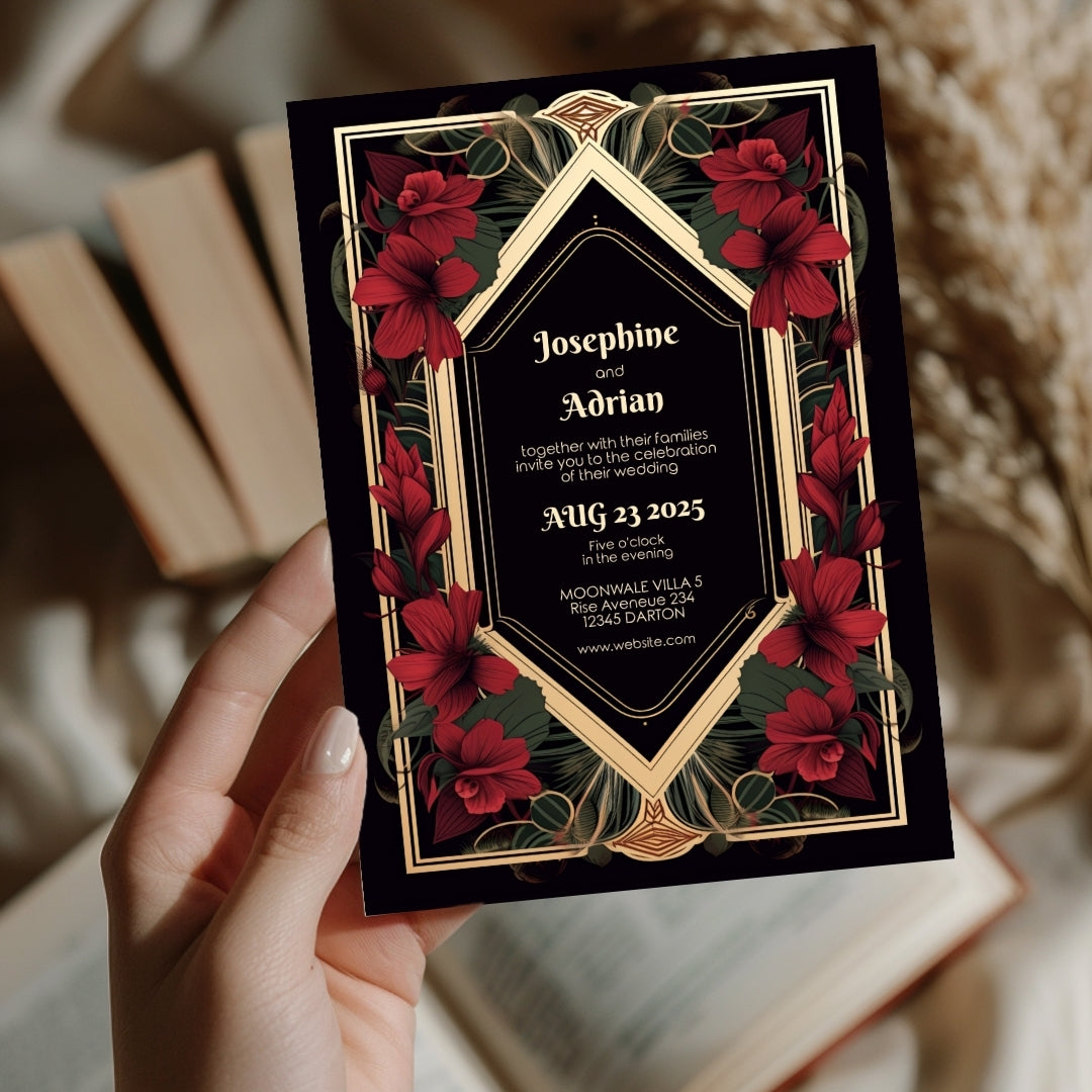 Red Floral Gold Vintage Frame Wedding Invitation