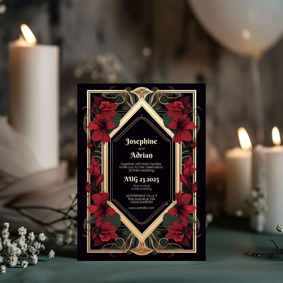 Red Floral Gold Vintage Frame Wedding Invitation