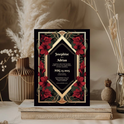 Red Floral Gold Vintage Frame Wedding Invitation