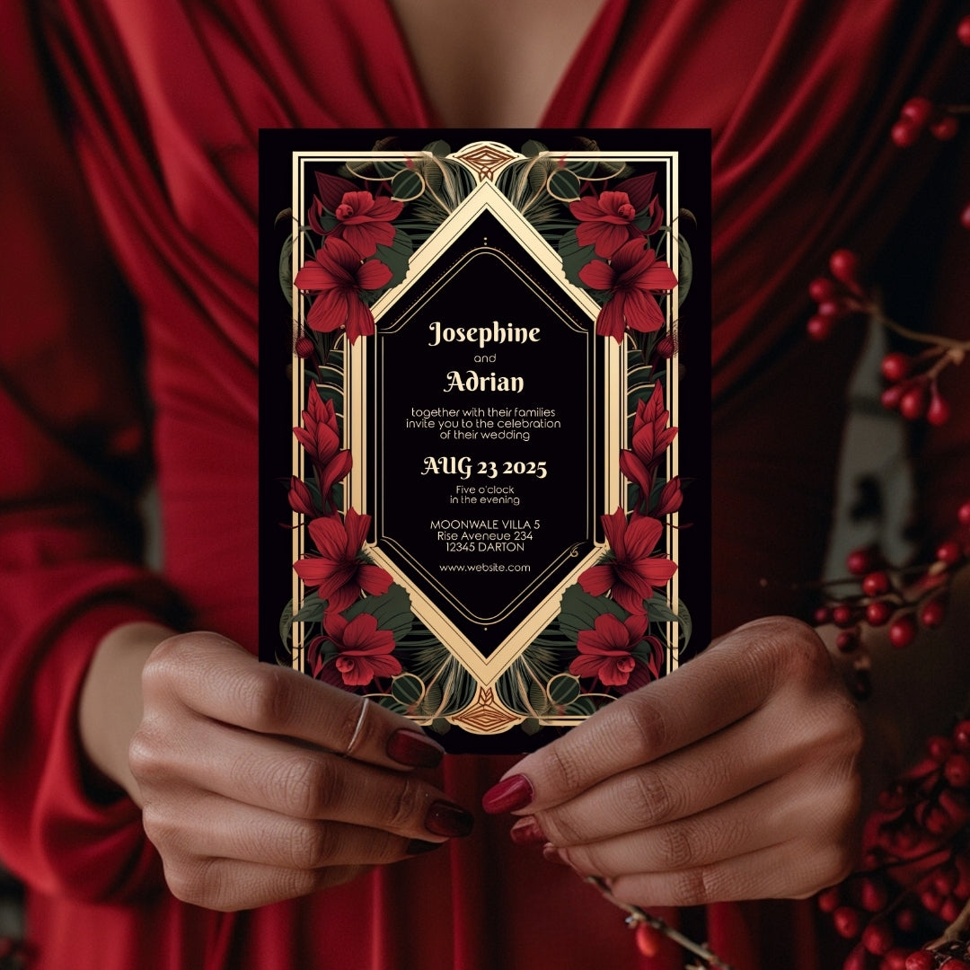 Red Floral Gold Vintage Frame Wedding Invitation