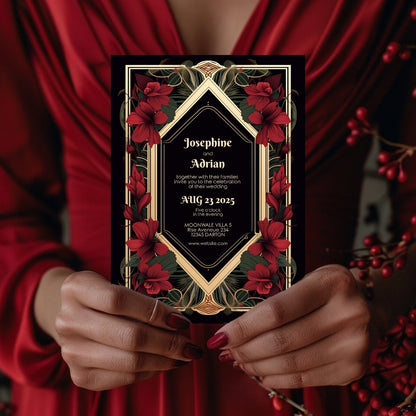 Red Floral Gold Vintage Frame Wedding Invitation