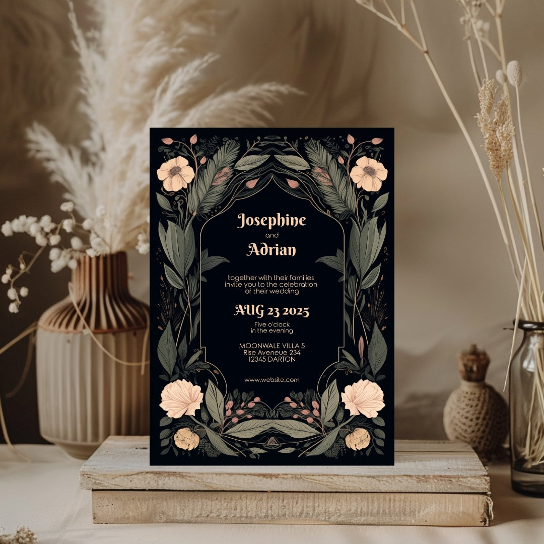 Dark Gothic invitation with intricate floral designs for a wedding.