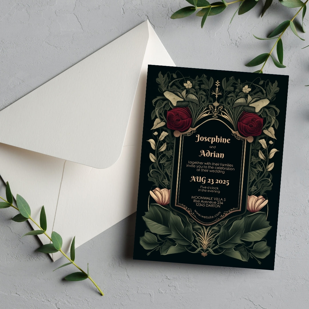 A dark, Gothic-themed invitation is partially inserted into a white envelope, resting on a light-colored surface with a small sprig of greenery. The names and event details are centered on the invitation, which features floral designs.