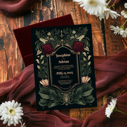 A Gothic-themed invitation is placed on a dark table with red floral arrangements and a red background. The invitation features vintage floral designs with names and event details centered.