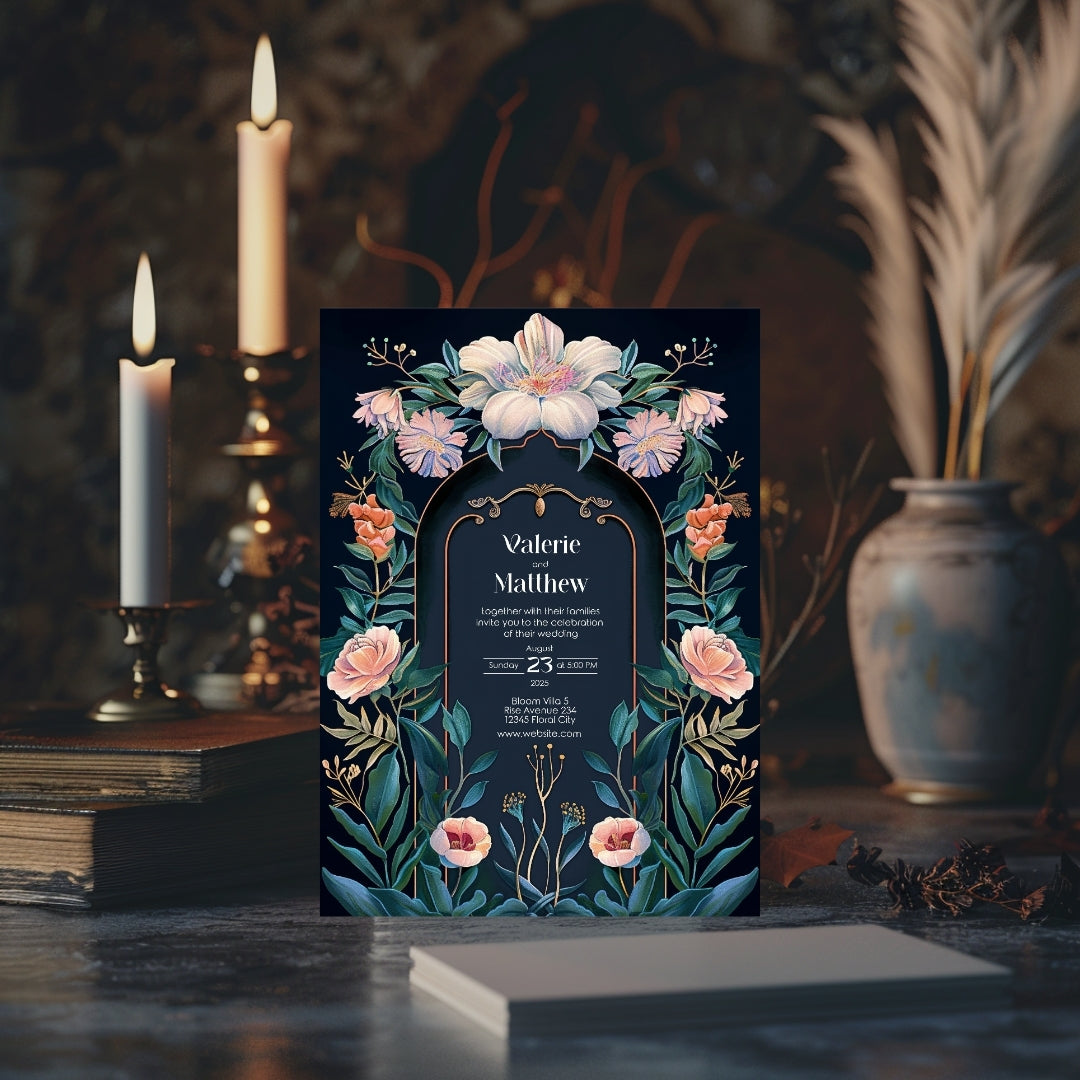 Enchanted Colorful Gothic Floral Garden Wedding Invitation