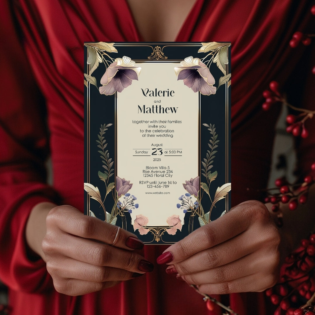 Dark Noble Vintage Floral Wedding Invitation