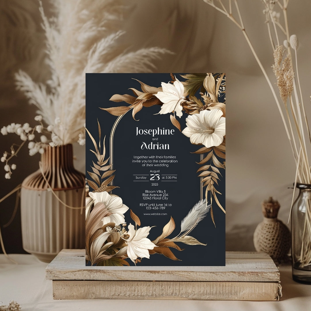 Dark Dry Floral Fall Arch Wedding Invitation