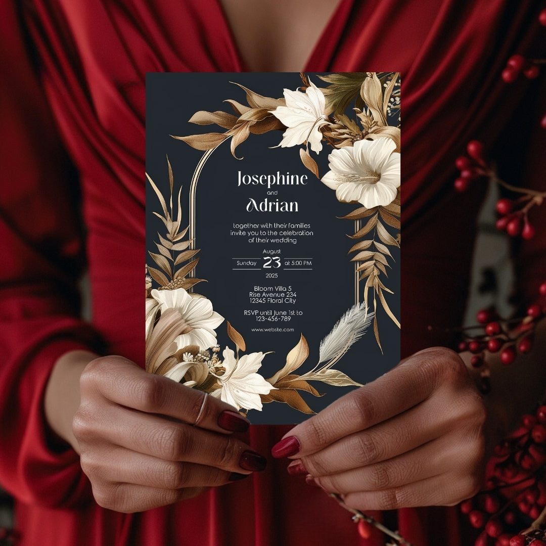 Dark Dry Floral Fall Arch Wedding Invitation