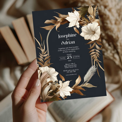 Dark Dry Floral Fall Arch Wedding Invitation