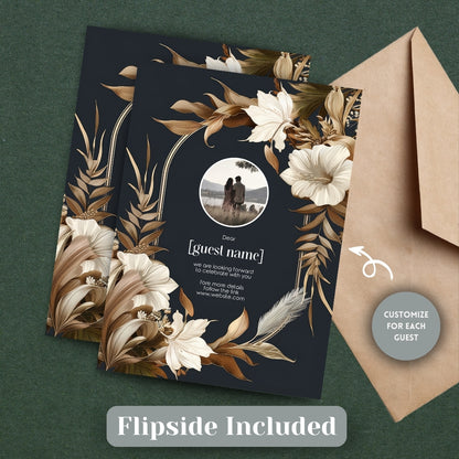 Dark Dry Floral Fall Arch Wedding Invitation