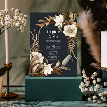 Dark Dry Floral Fall Arch Wedding Invitation