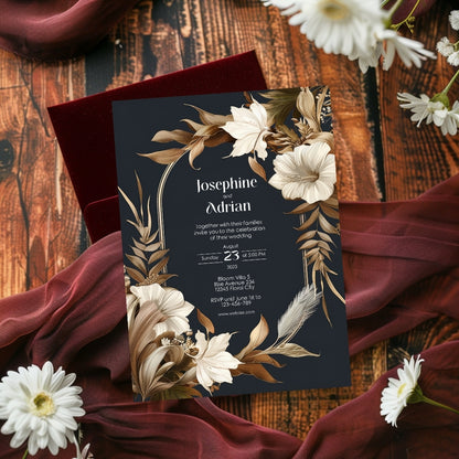 Dark Dry Floral Fall Arch Wedding Invitation