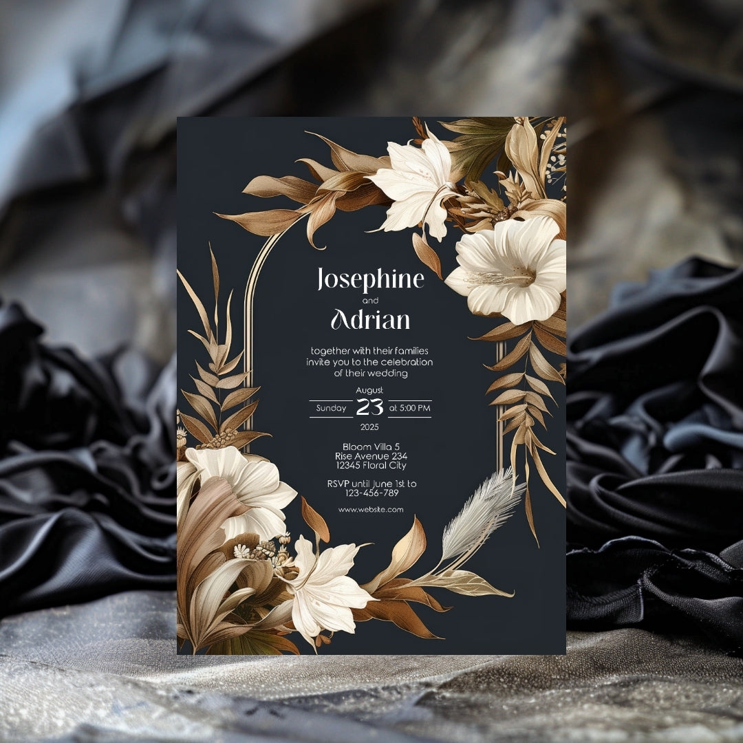 Dark Dry Floral Fall Arch Wedding Invitation