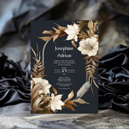 Dark Dry Floral Fall Arch Wedding Invitation