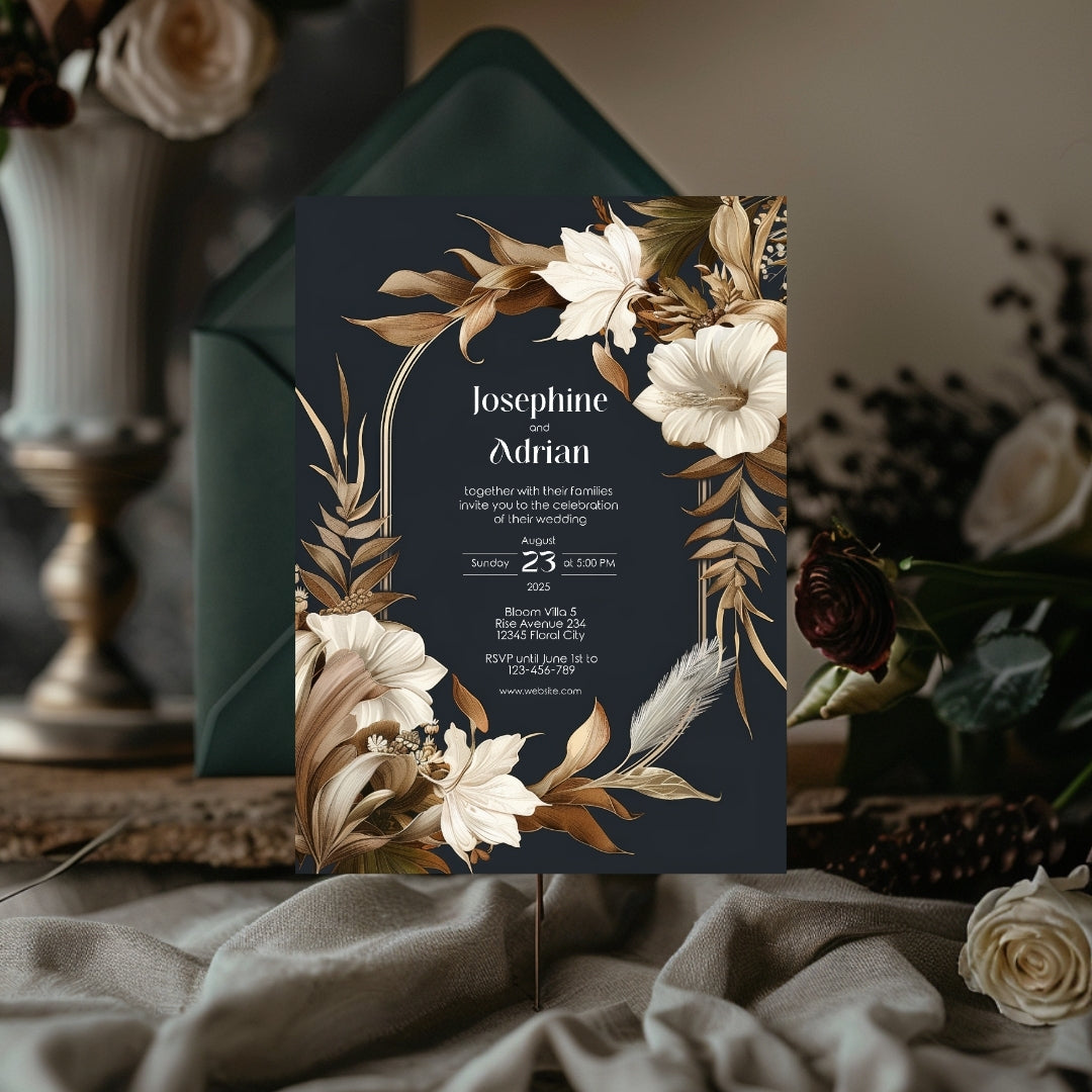 Dark Dry Floral Fall Arch Wedding Invitation