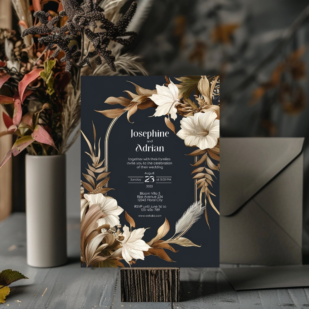 Dark Dry Floral Fall Arch Wedding Invitation