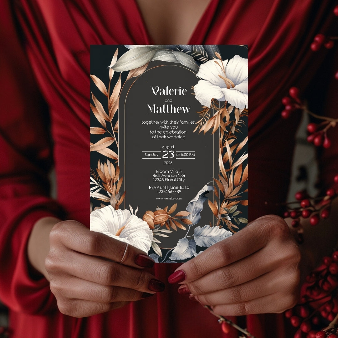 Dark Dry Floral Fall Wedding Invitation