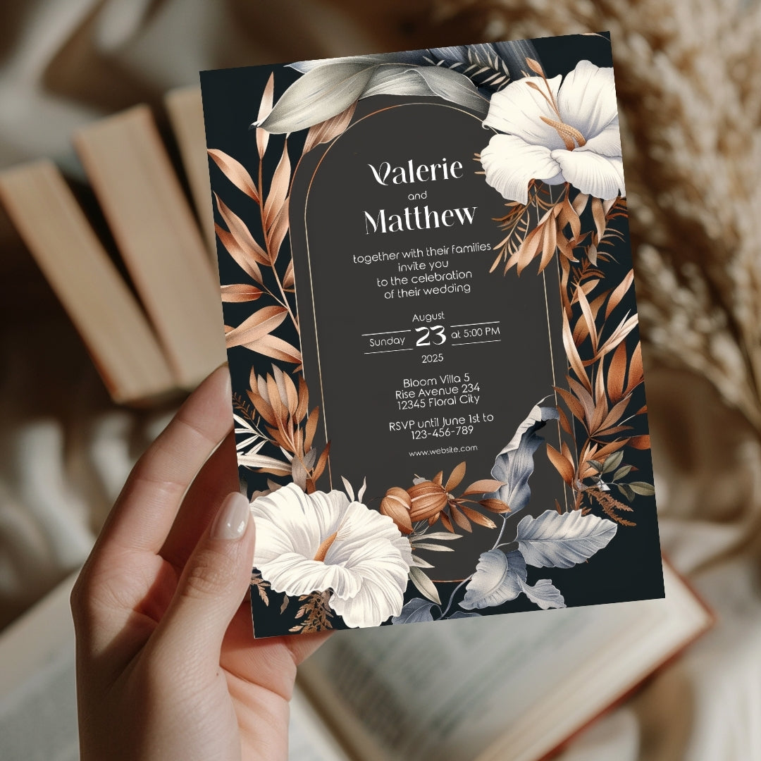 Dark Dry Floral Fall Wedding Invitation