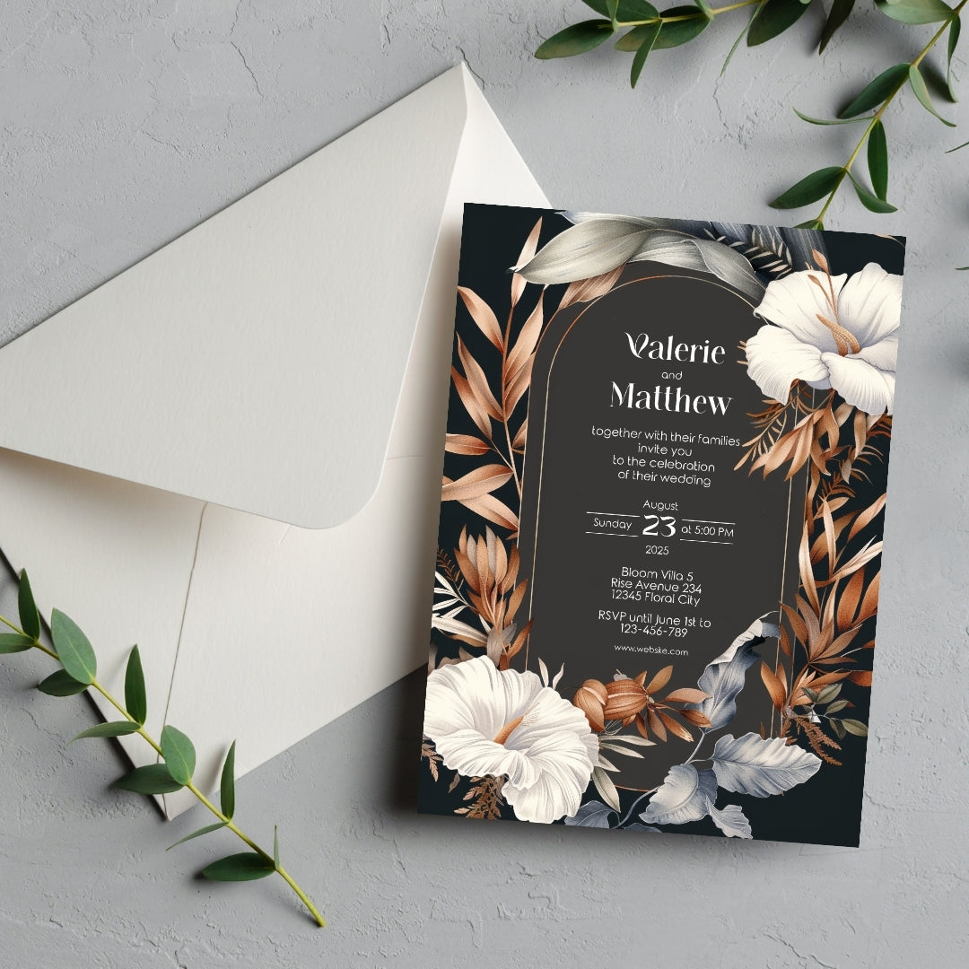 Dark Dry Floral Fall Wedding Invitation