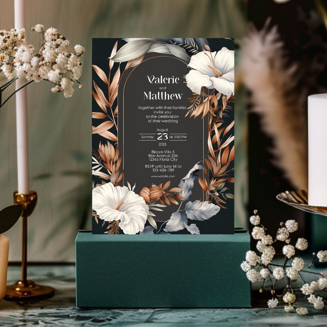 Dark Dry Floral Fall Wedding Invitation