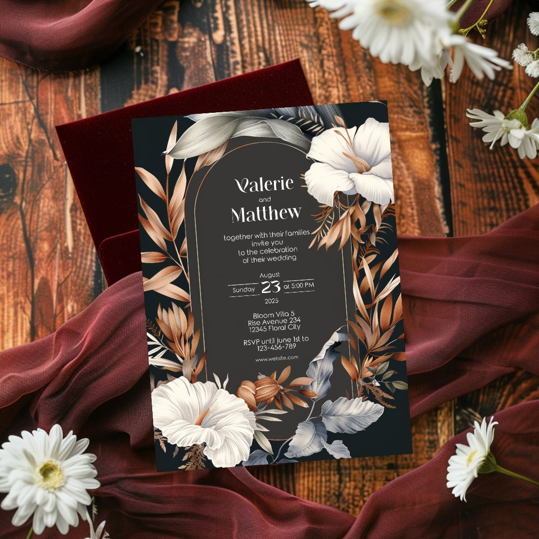 Dark Dry Floral Fall Wedding Invitation