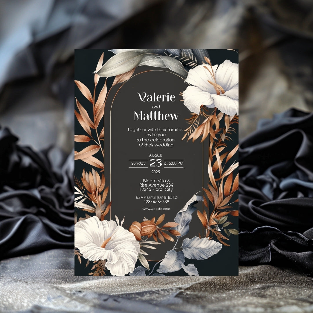 Dark Dry Floral Fall Wedding Invitation