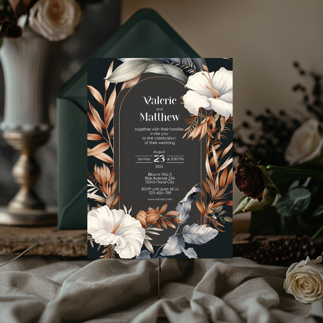 Dark Dry Floral Fall Wedding Invitation