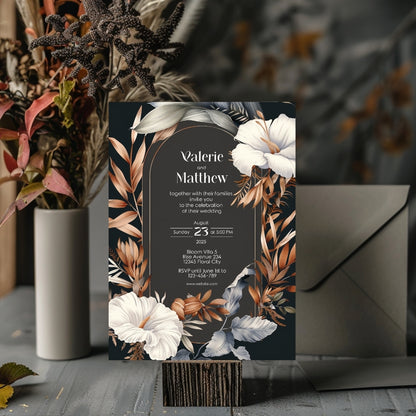 Dark Dry Floral Fall Wedding Invitation